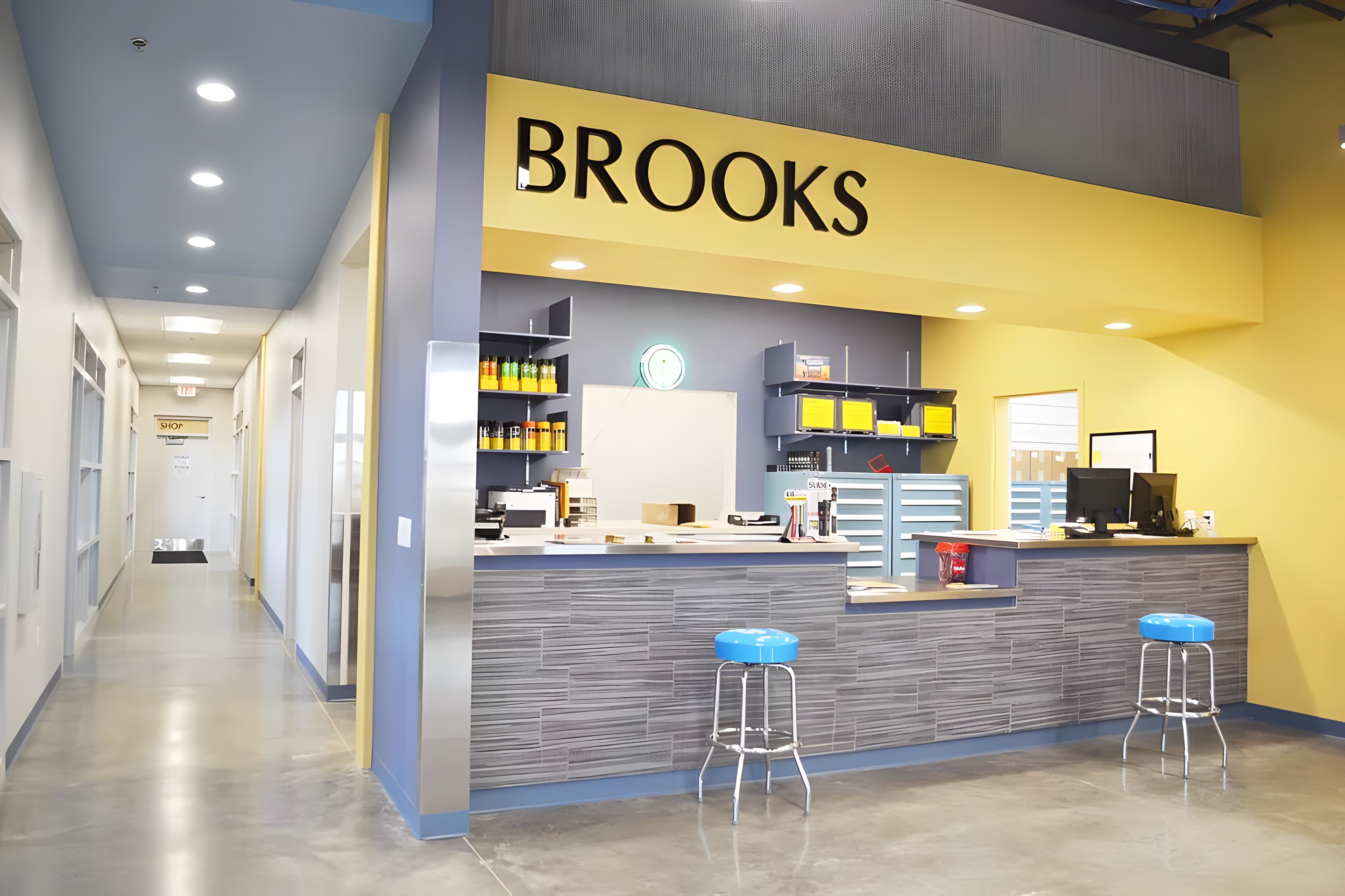 A parts counter under bright recessed lights