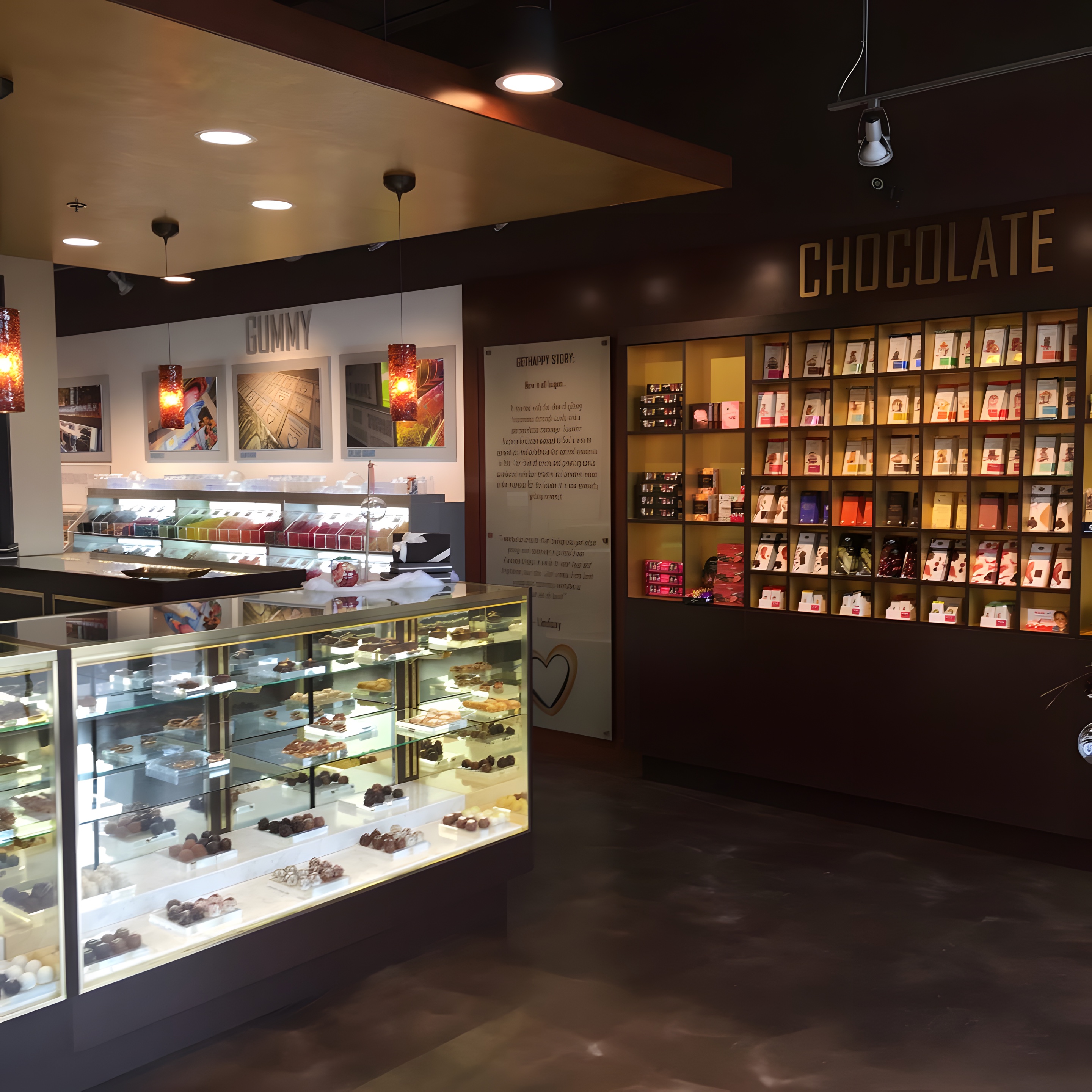 A chocolate shop with lit display cases and backlit shelving